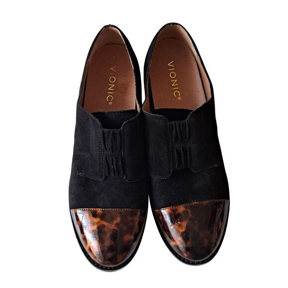 Vionic Jayla Black Suede Tortoise Shell Cap Toe Derby Flats Loafers Women Size 8 - Picture 2 of 10